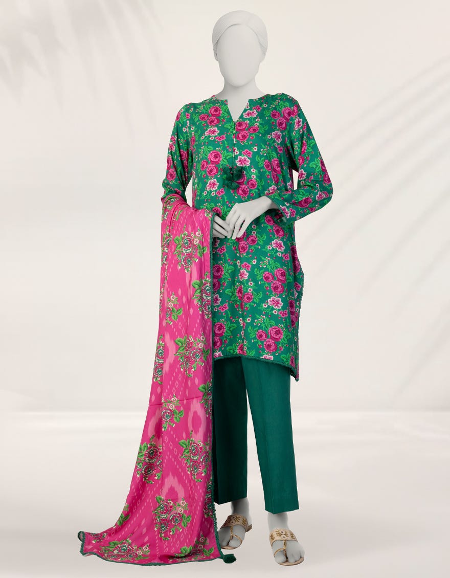GREEN DIGITAL PRINTED LINEN 3PC STITCHED