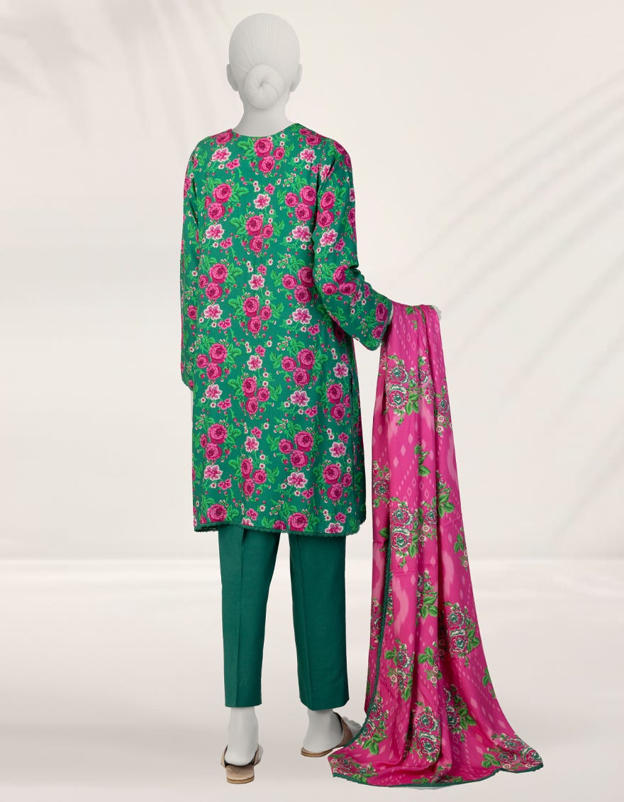 GREEN DIGITAL PRINTED LINEN 3PC STITCHED