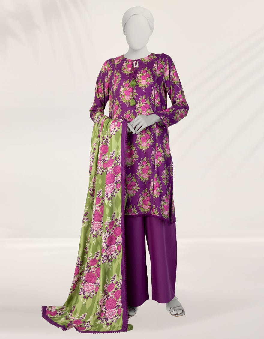 PURPLE DIGITAL PRINTED LINEN 3PC STITCHED