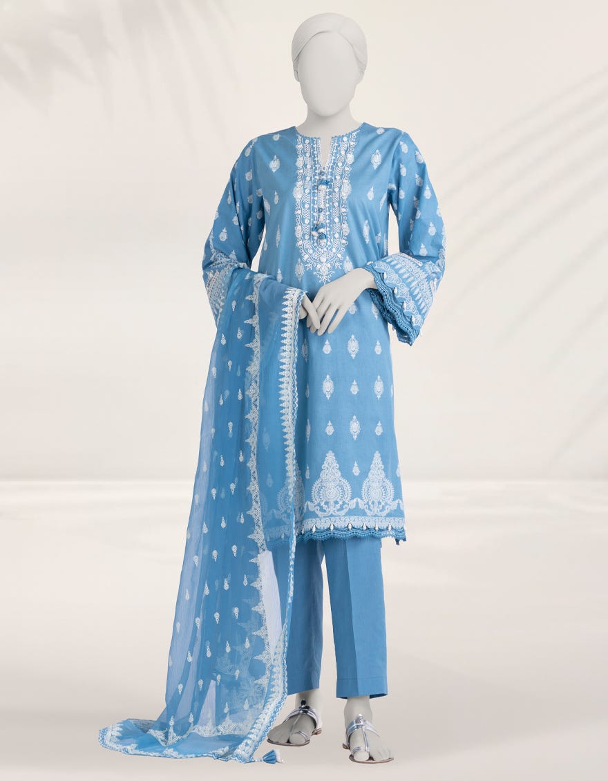 BLUE EMBROIDERED CAMBRIC UNSTITCHED 3PC