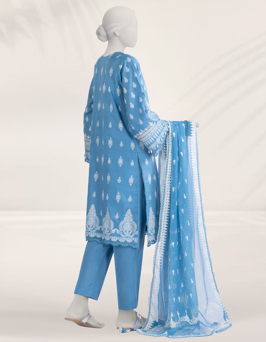 BLUE EMBROIDERED CAMBRIC UNSTITCHED 3PC