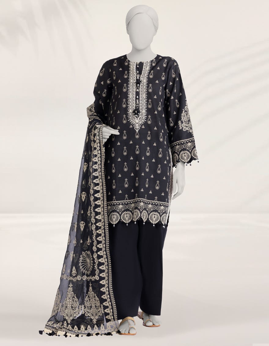 BLACK EMBROIDERED CAMBRIC UNSTITCHED 3PC