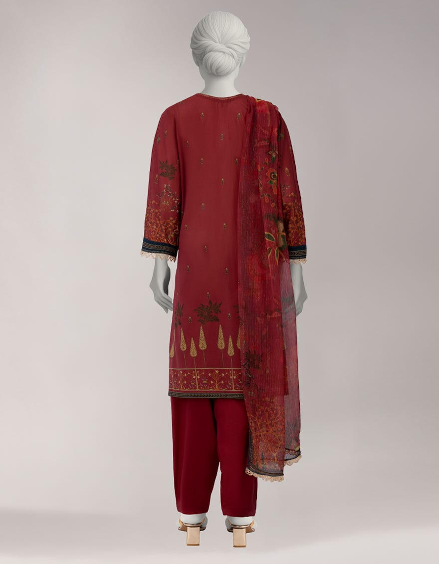 MAROON LAWN EMBROIDERED STITCHED 3PC