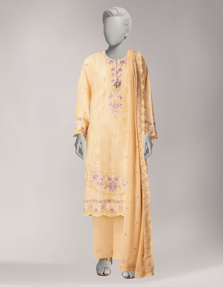 CREAM LAWN EMBROIDERED UNSTITCHED 3PC