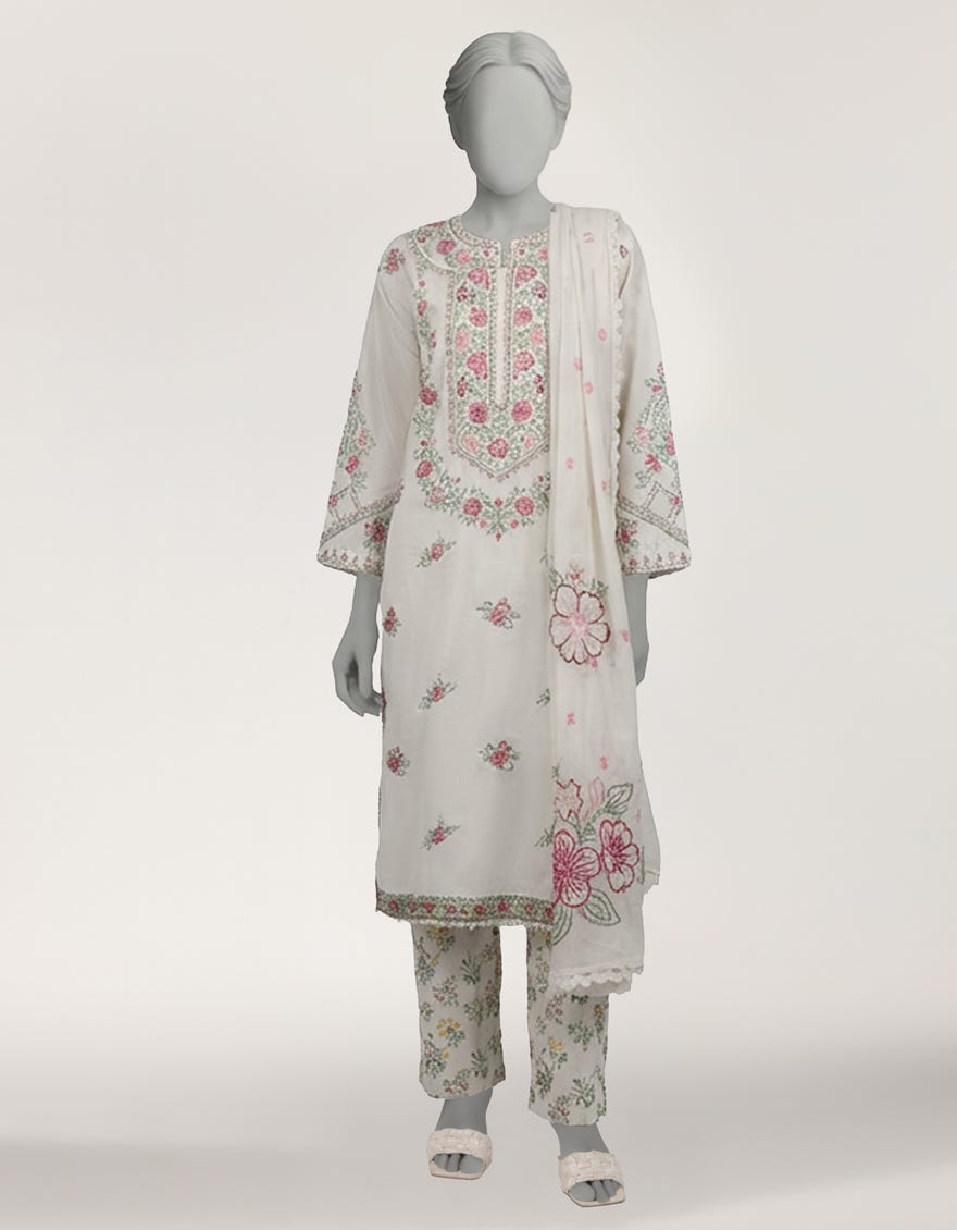OFF WHITE LAWN EMBROIDERED STITCHED 3PC