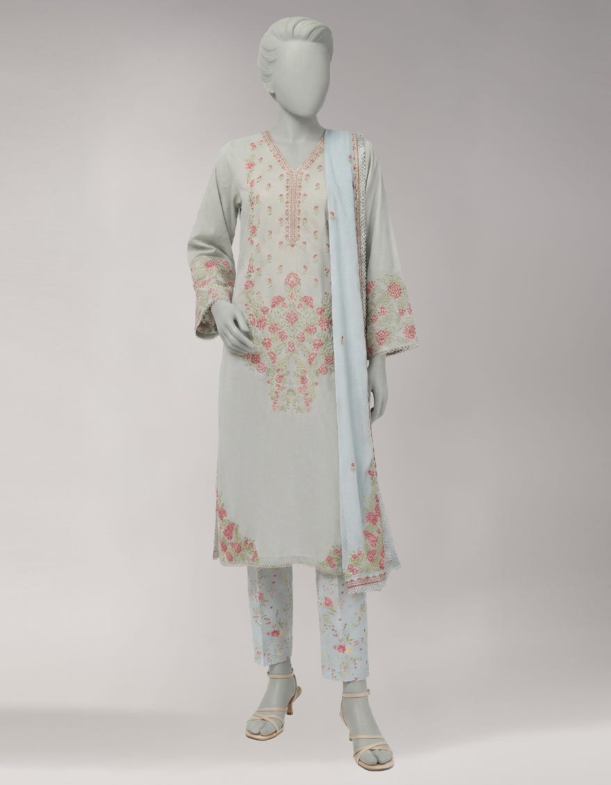 GREY LAWN EMBROIDERED STITCHED 3PC