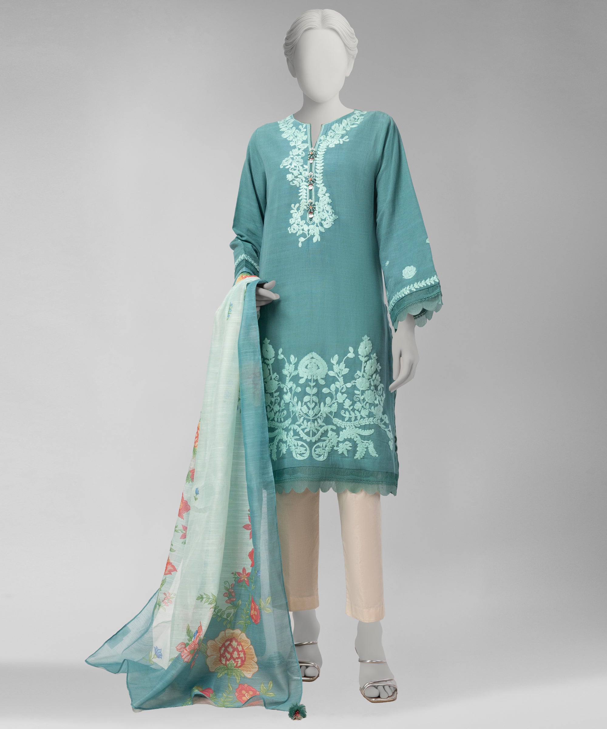 Green Embroidered Light Khaddar Unstitched 2Pc