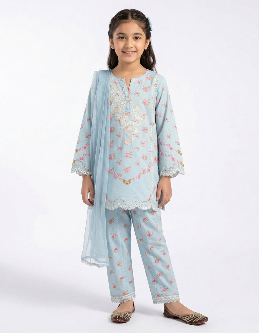 SKY BLUE LAWN SILK SCHIFFLI STITCHED 3PC