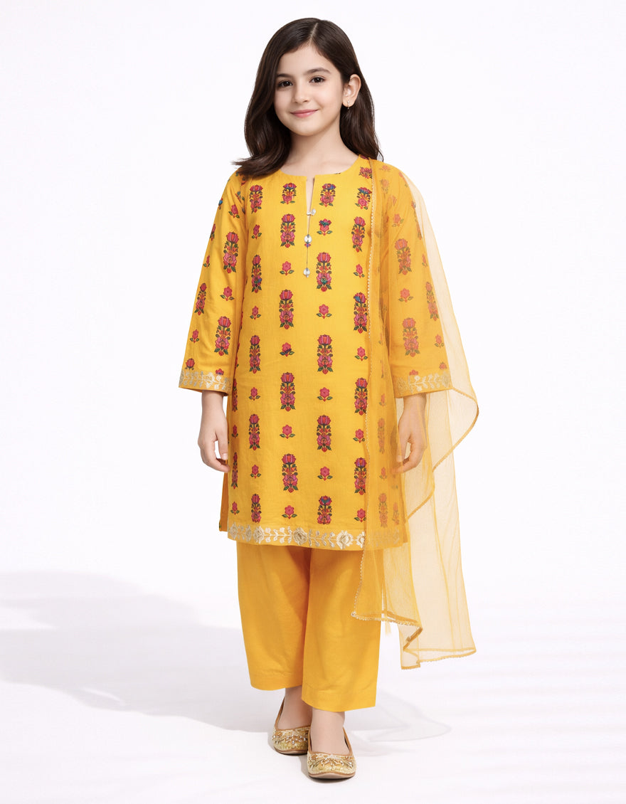 YELLOW LAWN EMBROIDERED STITCHED 3PC