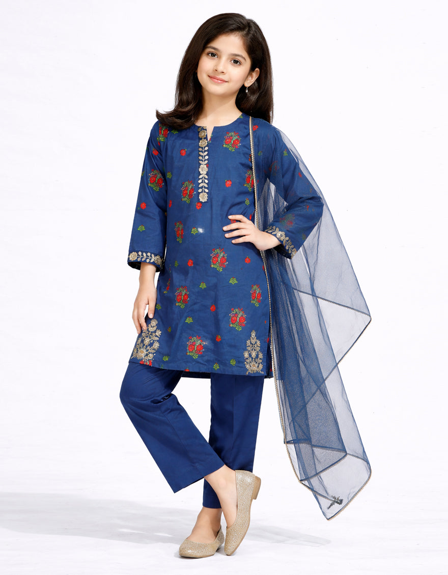 BLUE LAWN EMBROIDERED STITCHED 3PC