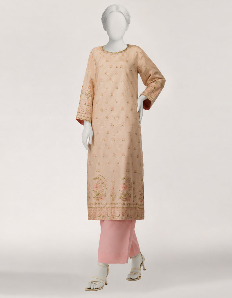 BEIGE RAW SILK EMBROIDERED KURTA