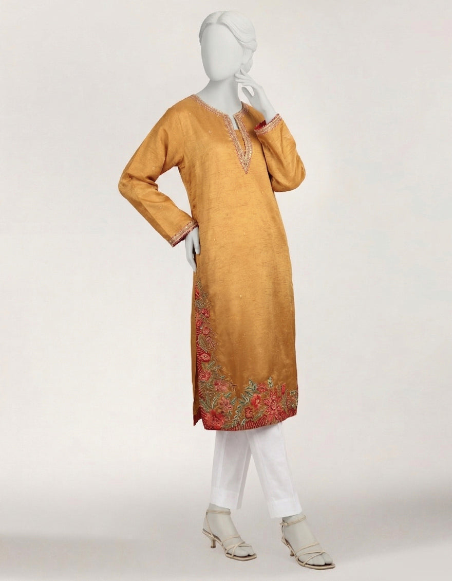 GOLDEN RAW SILK EMBROIDERED KURTA