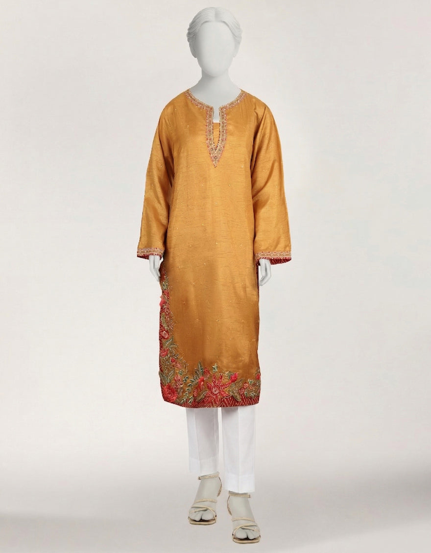 GOLDEN RAW SILK EMBROIDERED KURTA