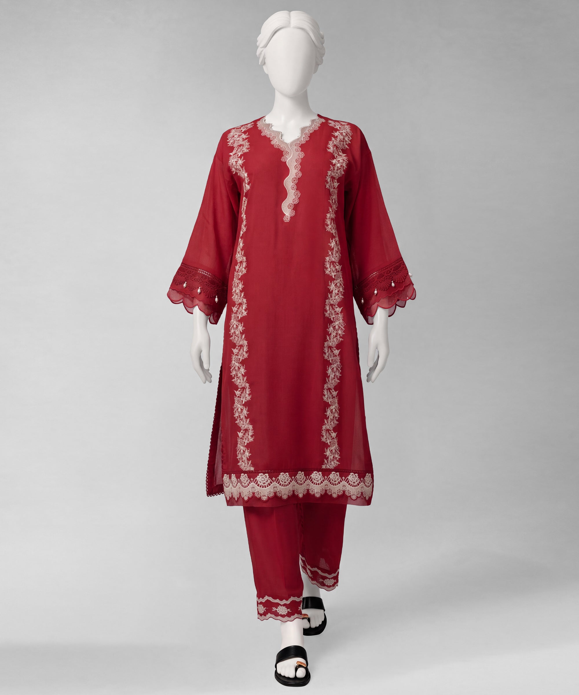 Red Embroidered Cambric Unstitched 2Pc