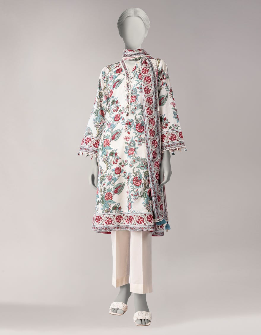 WHITE LAWN PRINTED UNSTITCHED 3PC