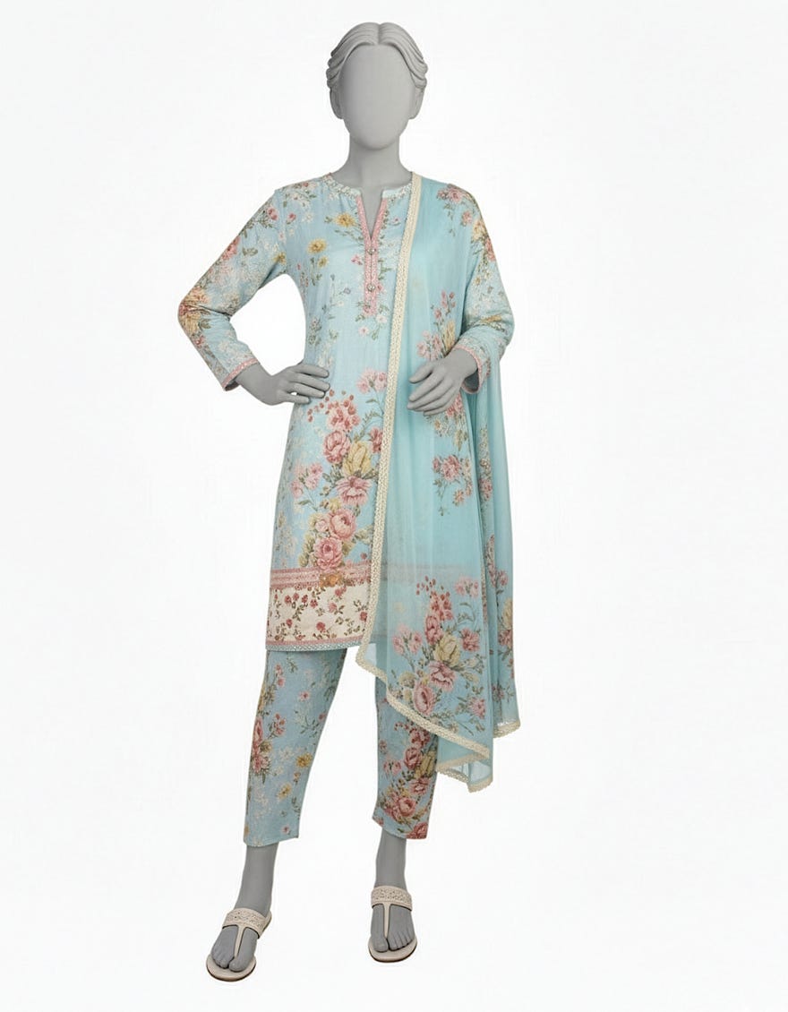 BLUE DOBBY DIGITAL PRINTED STITCHED 3PC