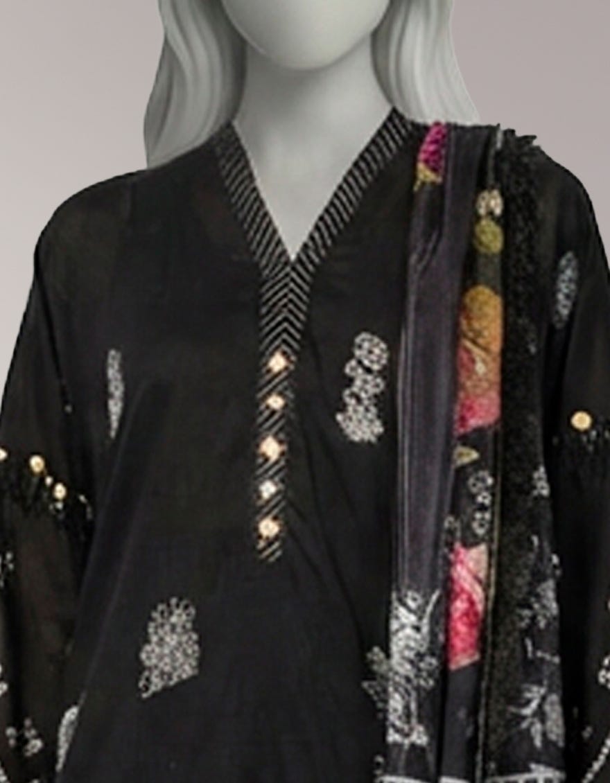 BLACK LAWN PASTE PRINTED UNSTITCHED 3PC