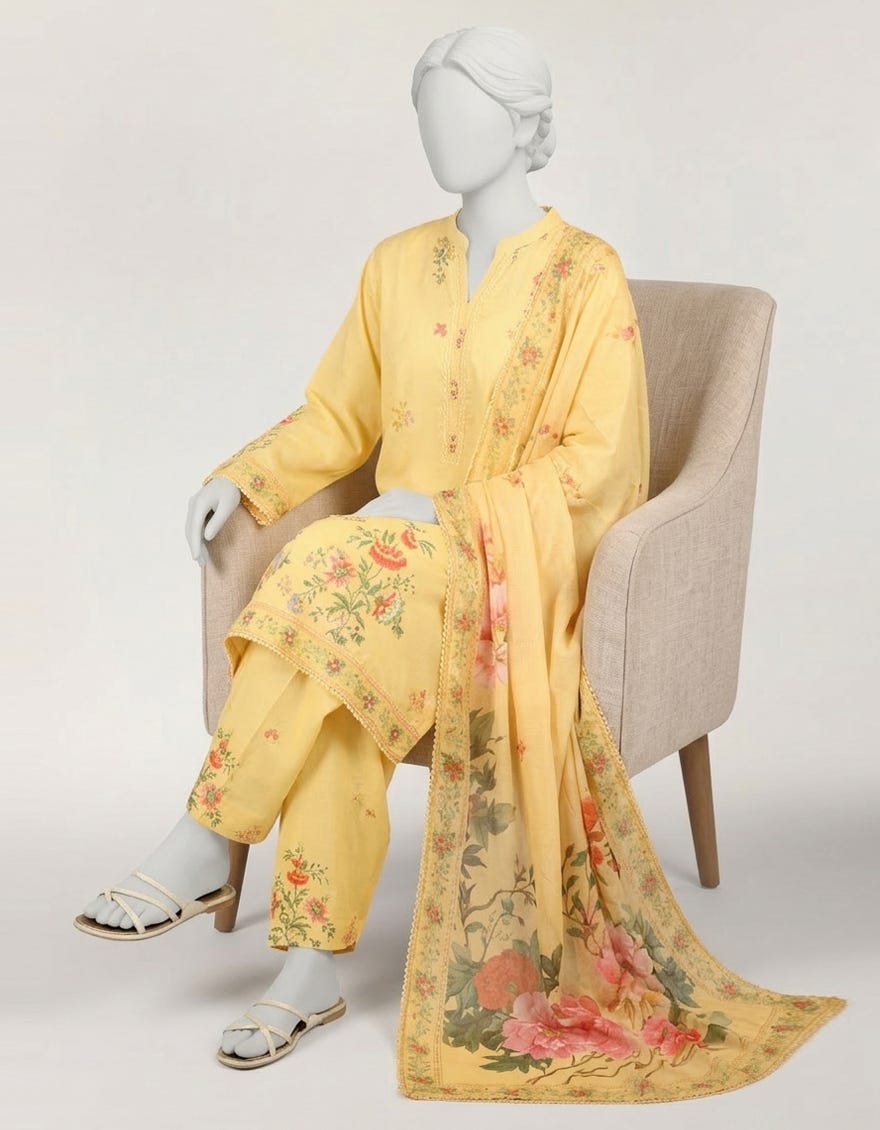 YELLOW DOBBY DIGITAL PRINTED 3PC STITCHED