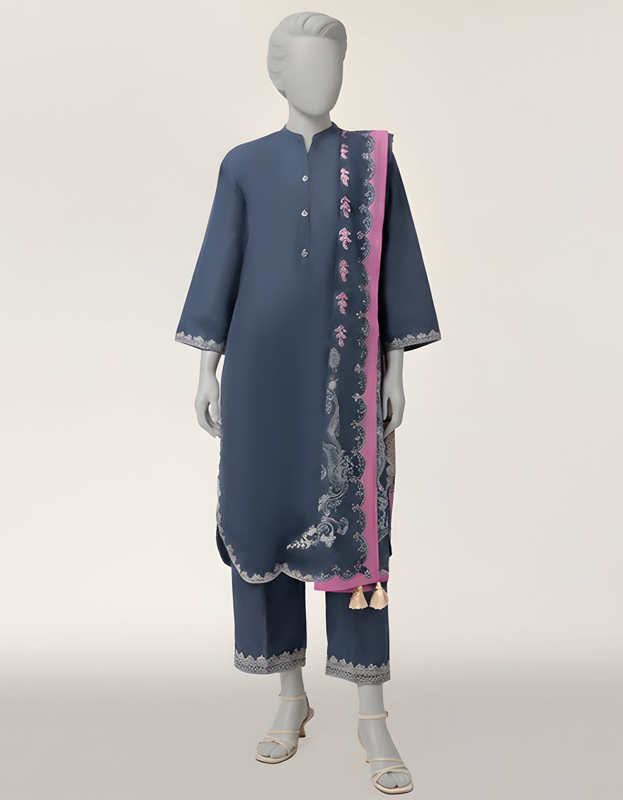 BLUE LAWN EMBROIDERED STITCHED 3PC