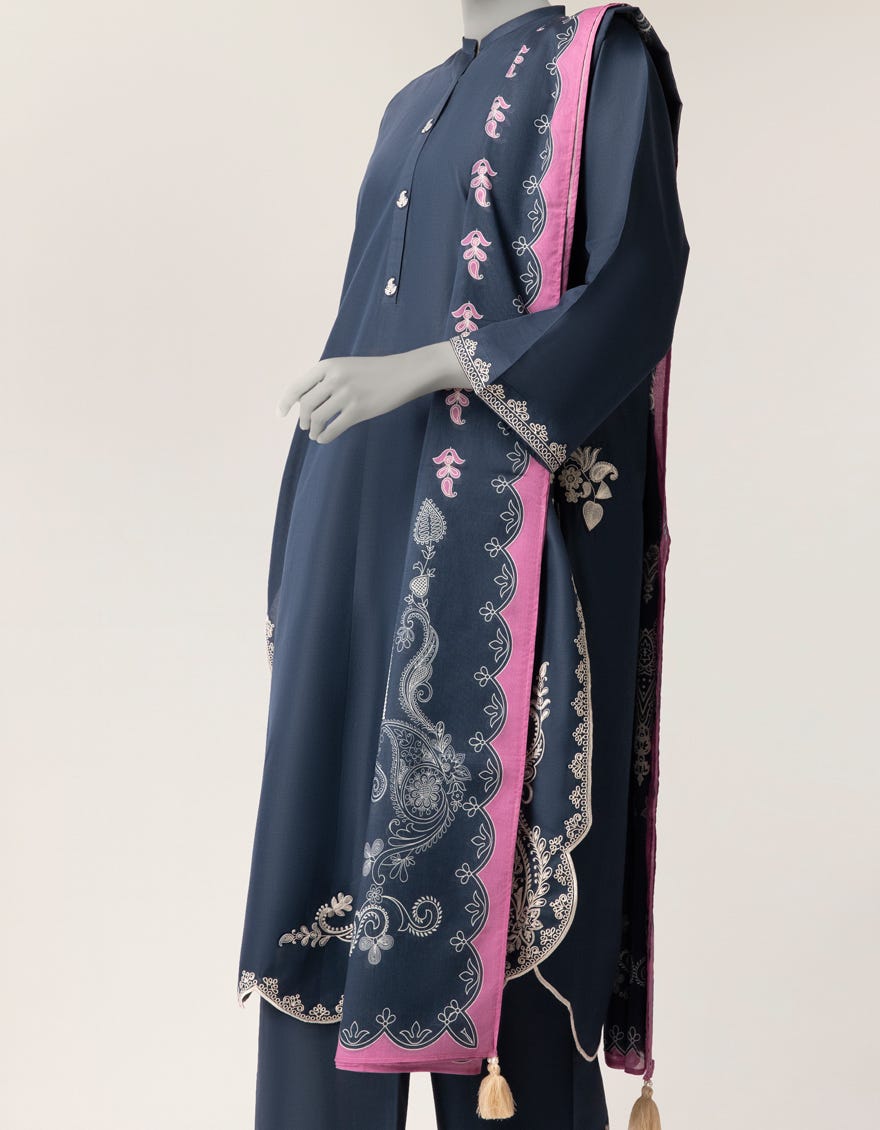 BLUE LAWN EMBROIDERED STITCHED 3PC