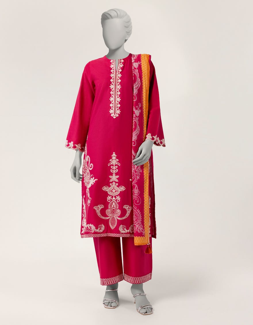 PINK LAWN EMBROIDERED STITCHED 3PC