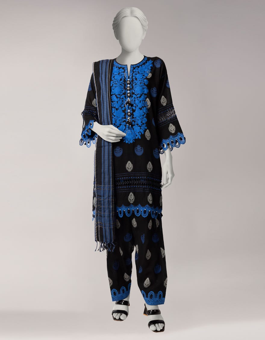 BLACK DOBBY EMBROIDERED UNSTITCHED 3PC