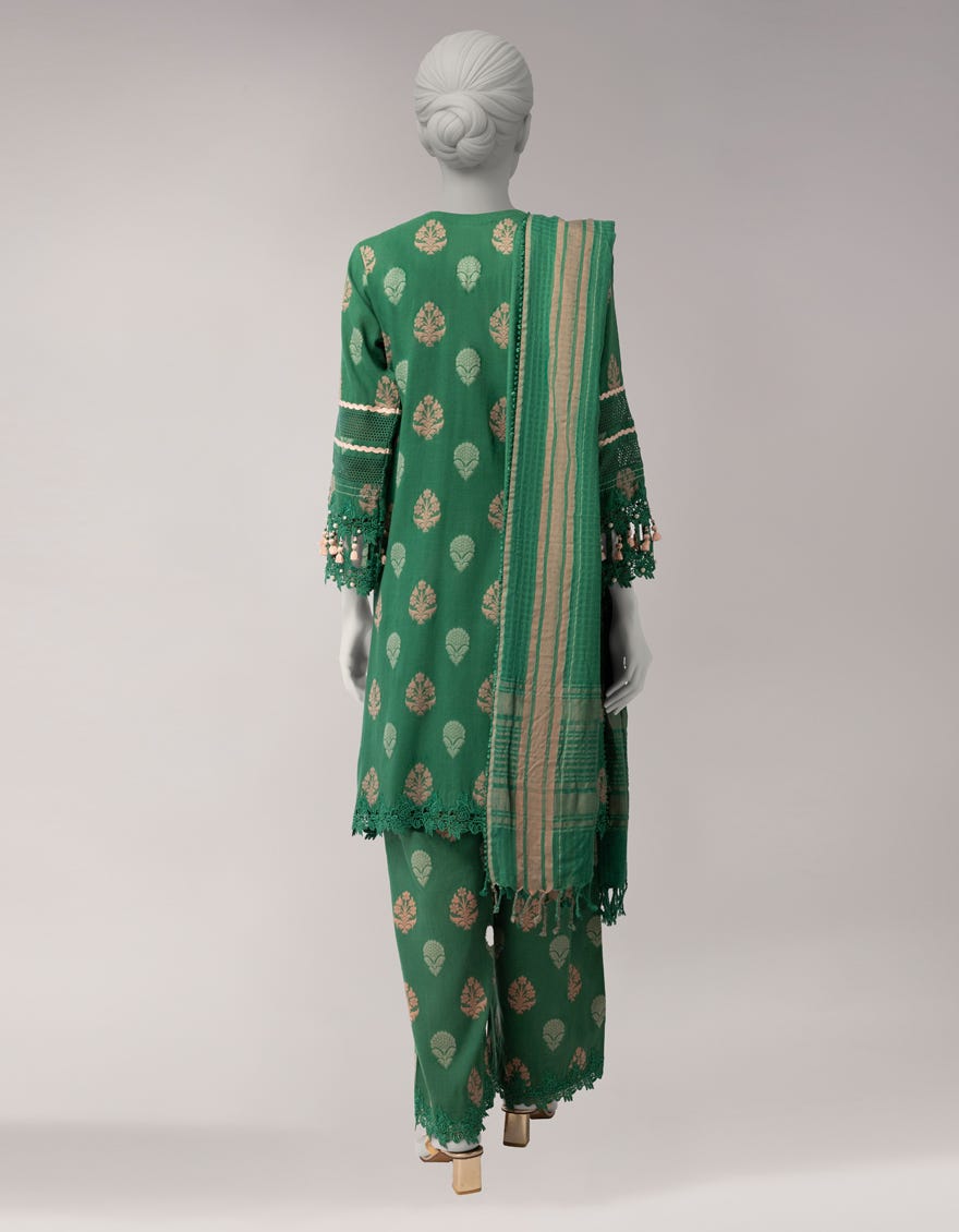GREEN DOBBY EMBROIDERED UNSTITCHED 3PC