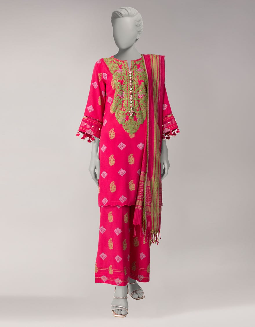 PINK DOBBY EMBROIDERED UNSTITCHED 3PC