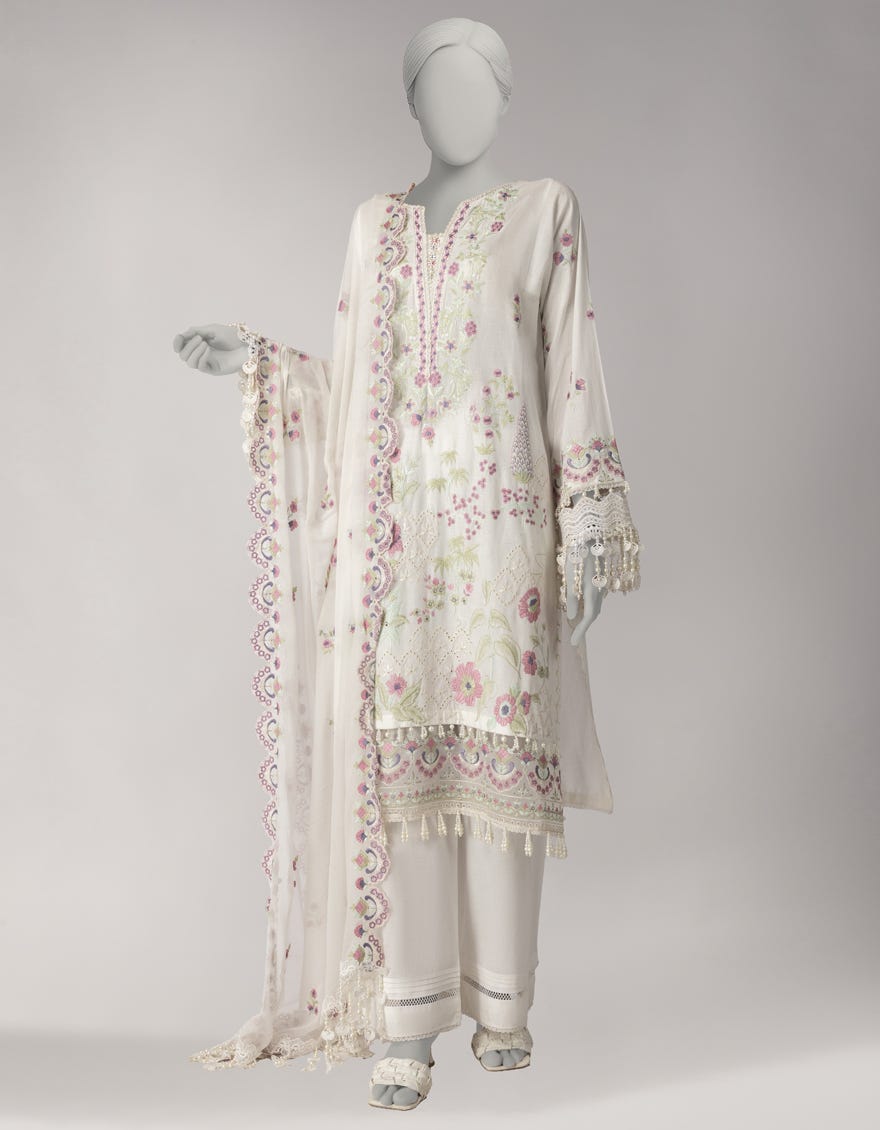 WHITE LAWN SCHIFFLI UNSTITCHED 3PC