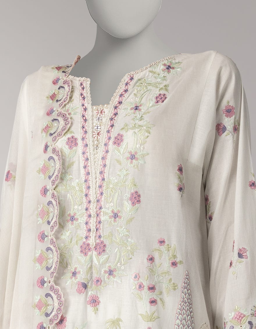 WHITE LAWN SCHIFFLI UNSTITCHED 3PC