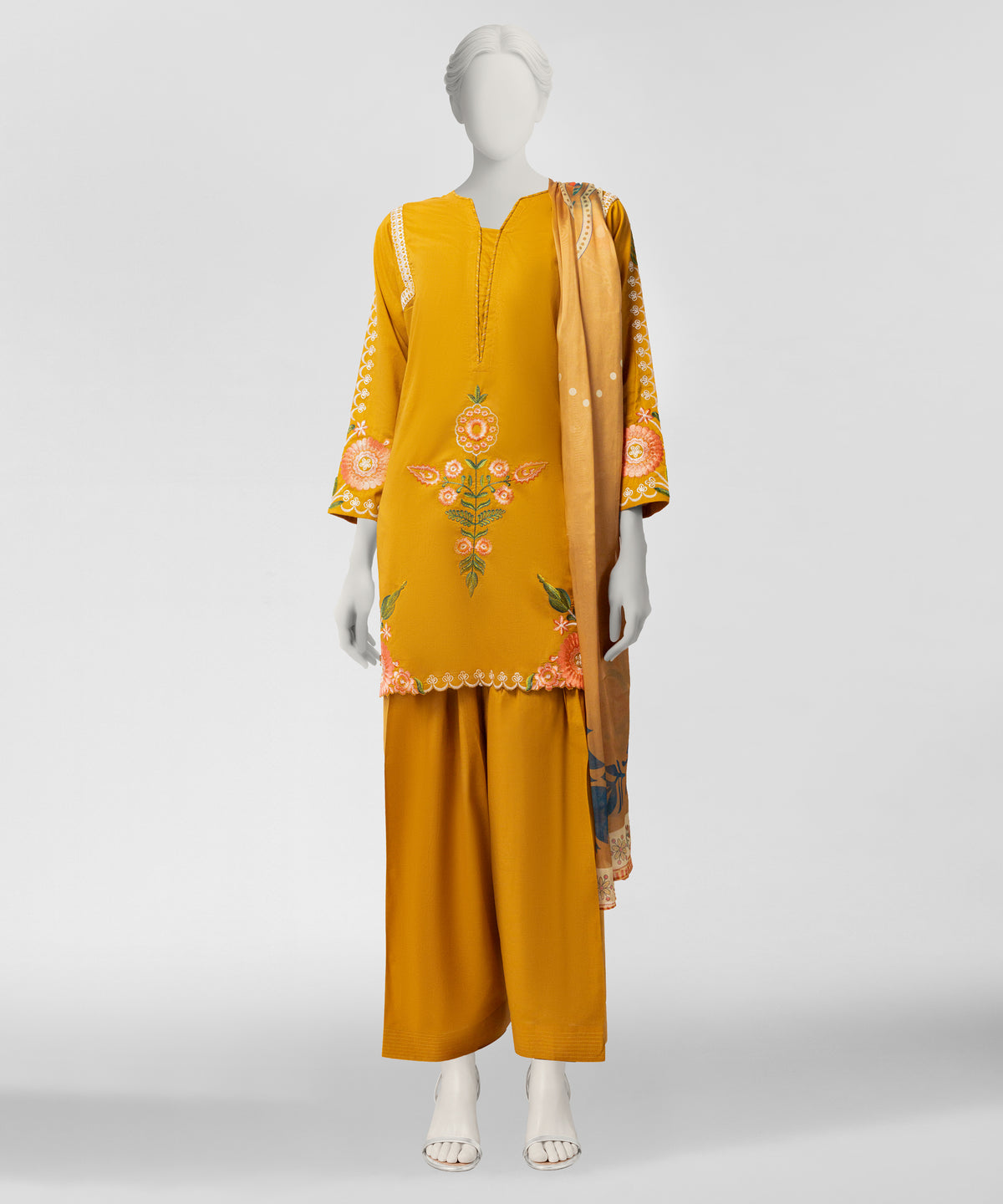 YELLOW LAWN EMBROIDERED STITCHED 3PC