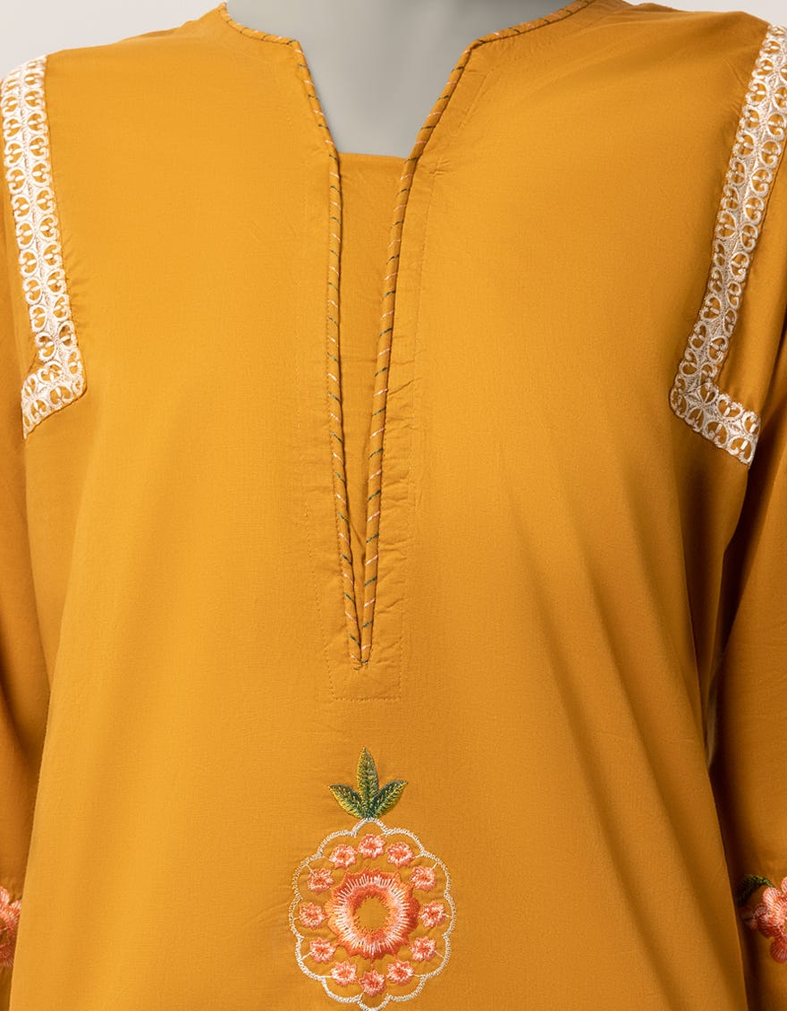 YELLOW LAWN EMBROIDERED STITCHED 3PC
