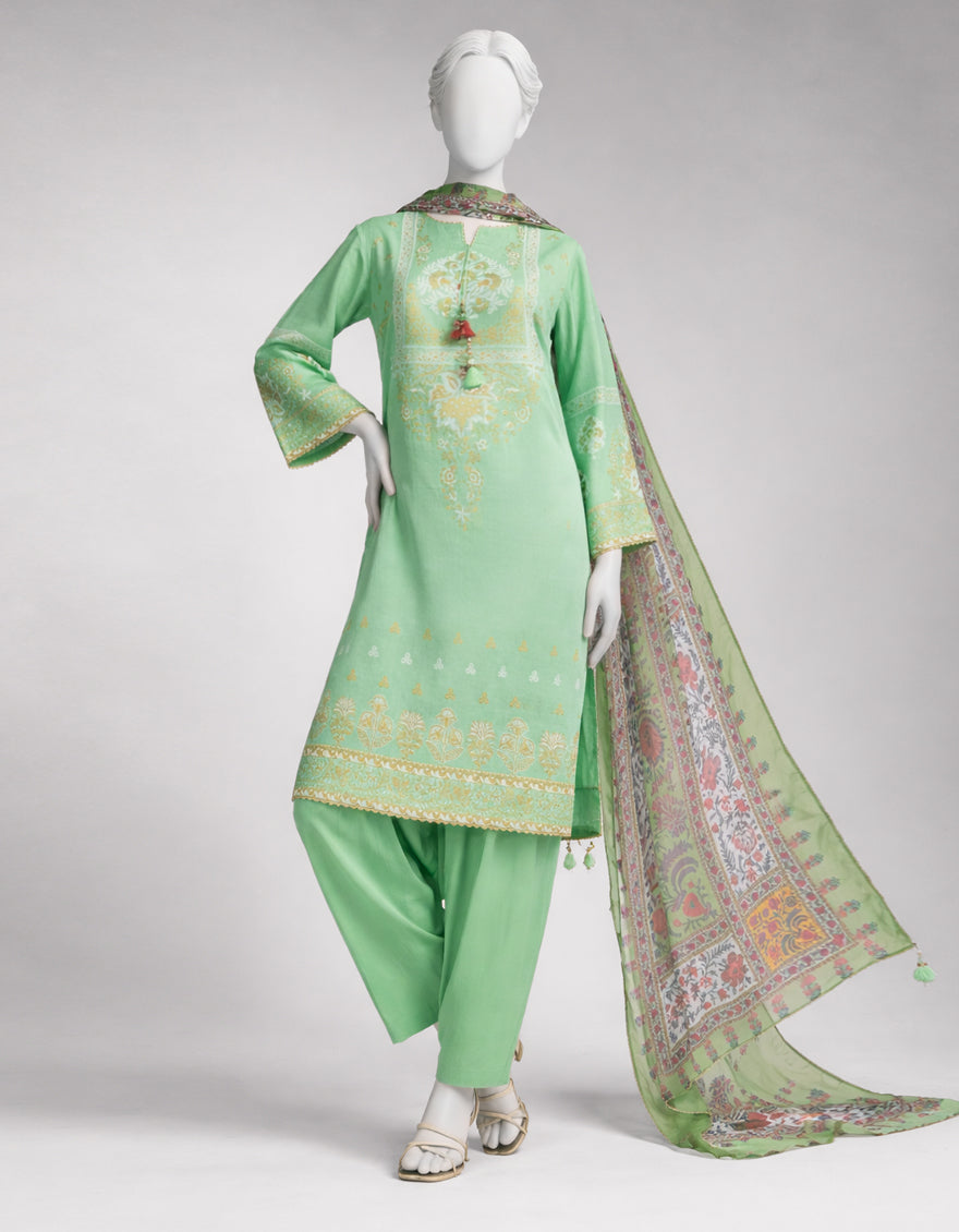 Green Jacquard Digital Printed Unstitched 3Pc