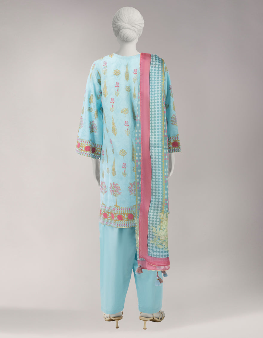 Sky Blue Jacquard Digital Printed Unstitched 3Pc
