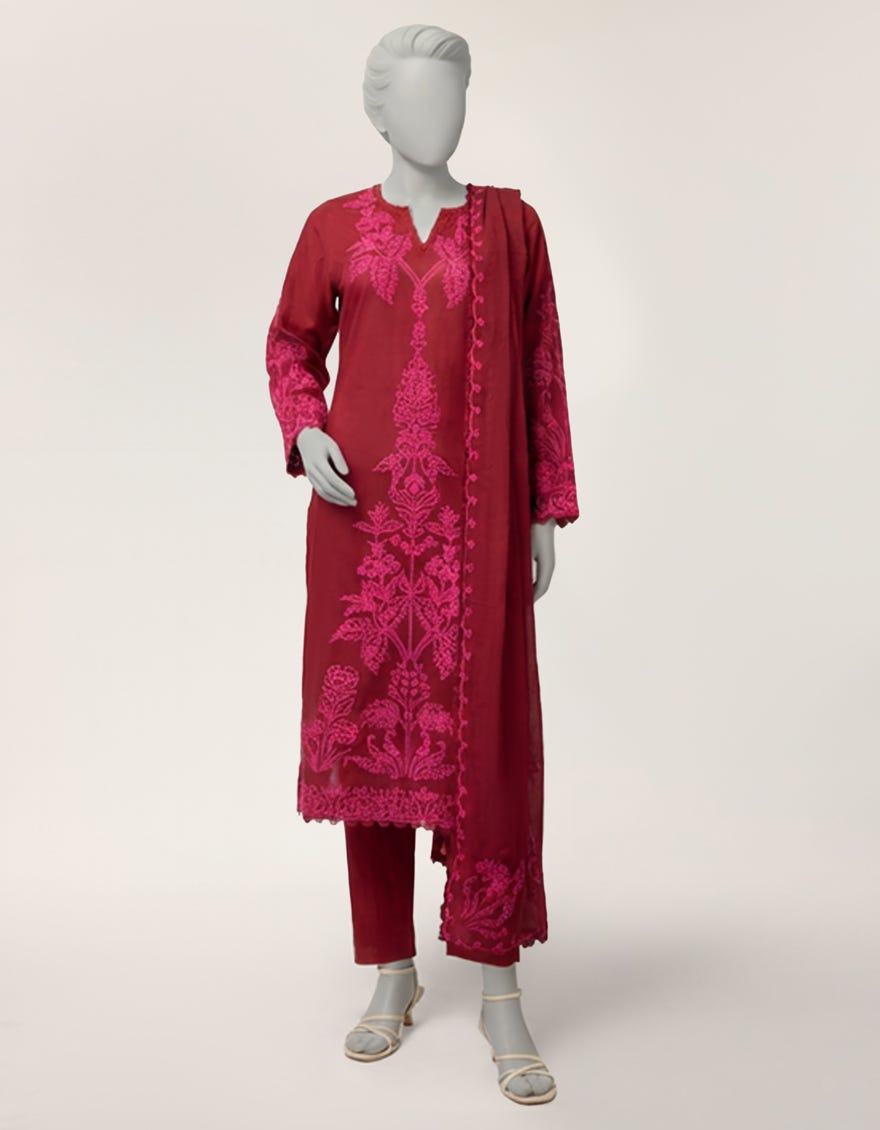 MAROON LAWN EMBROIDERED STITCHED 3PC