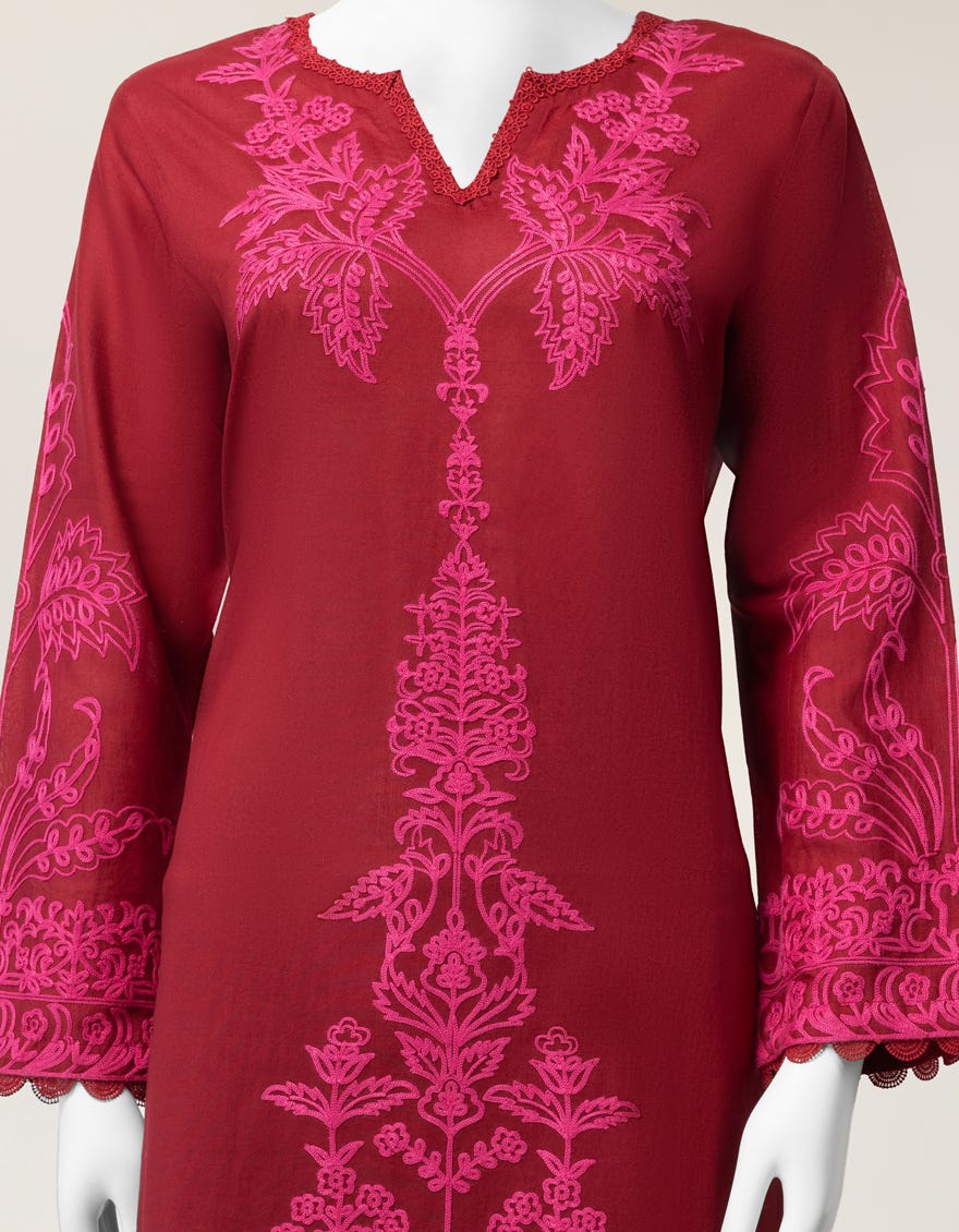 MAROON LAWN EMBROIDERED STITCHED 3PC