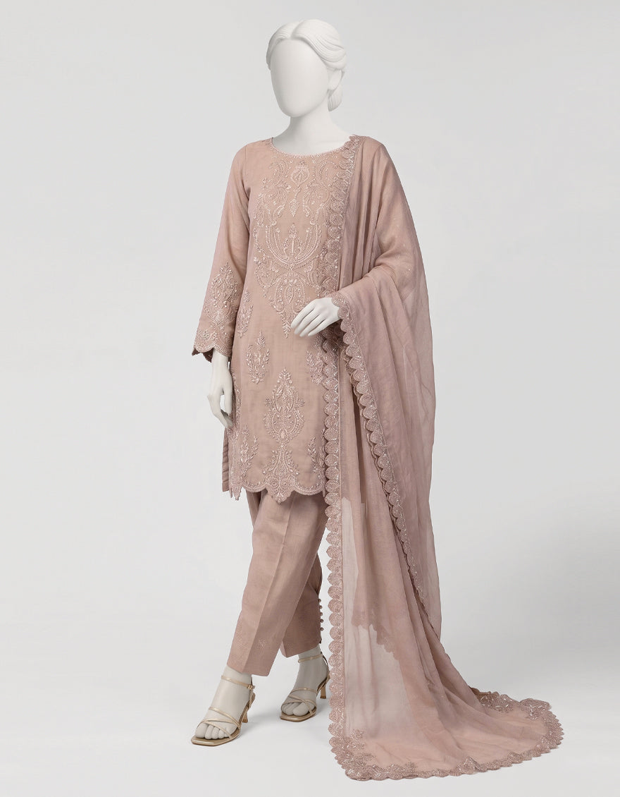PINK RAW SILK EMBROIDERED STITCHED 3PC