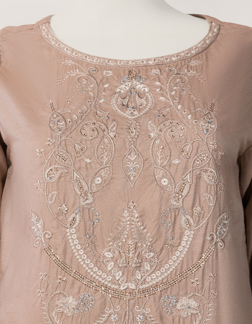 PINK RAW SILK EMBROIDERED STITCHED 3PC