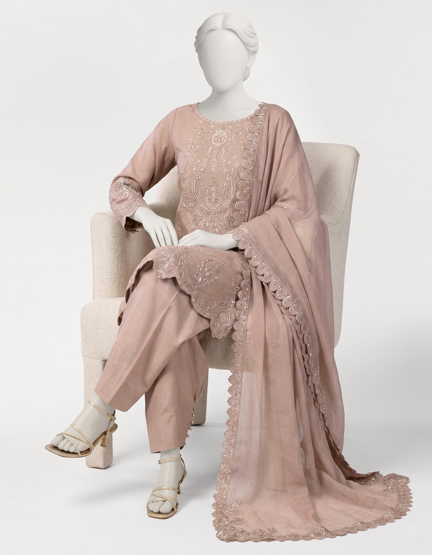 PINK RAW SILK EMBROIDERED STITCHED 3PC