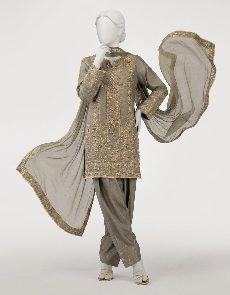 LIME GREEN RAW SILK EMBROIDERED STITCHED 3PC
