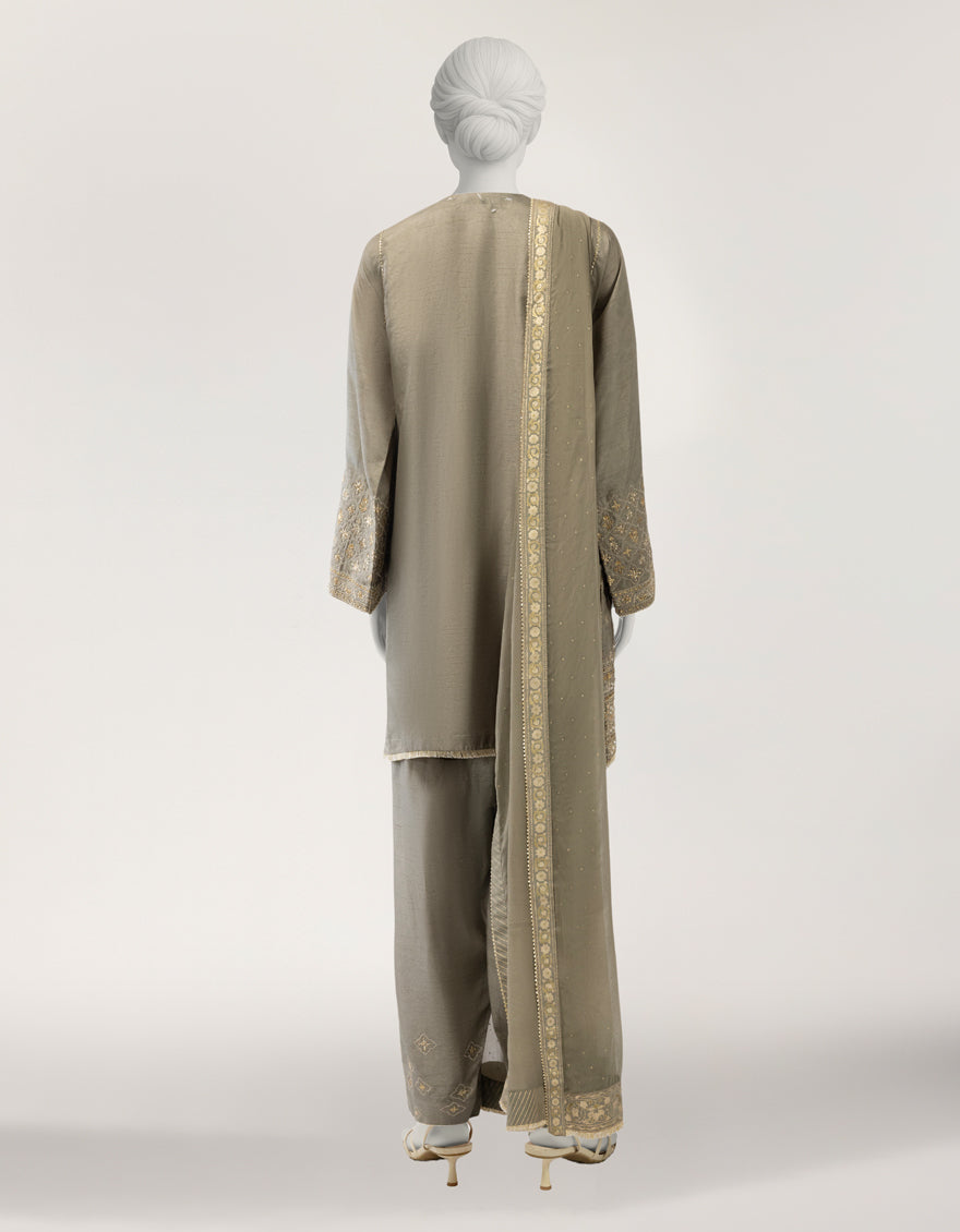 LIME GREEN RAW SILK EMBROIDERED STITCHED 3PC
