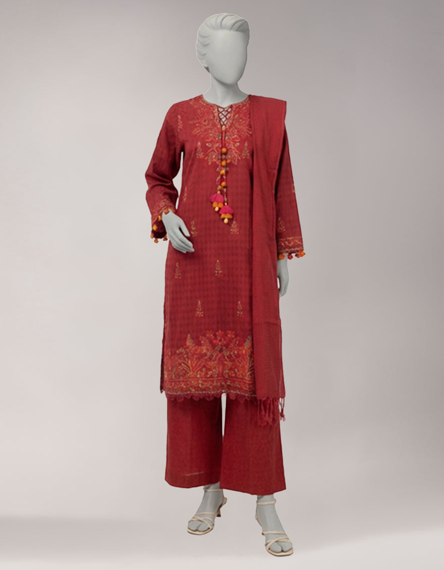 MAROON EMBROIDERED JACQUARD UNSTITCHED 3PC