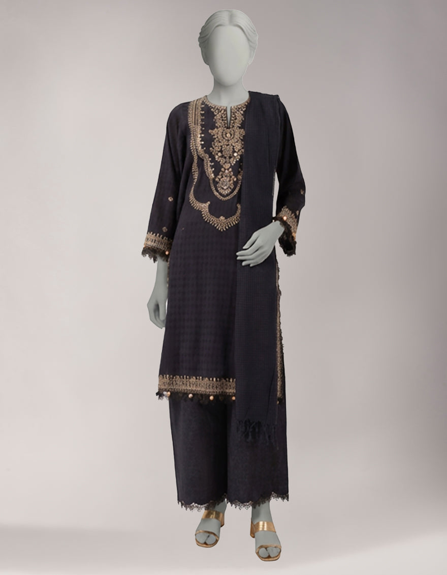 BLACK EMBROIDERED JACQUARD UNSTITCHED 3PC