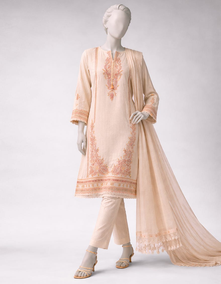 BEIGE DOBBY EMBROIDERED UNSTITCHED 3 PIECE