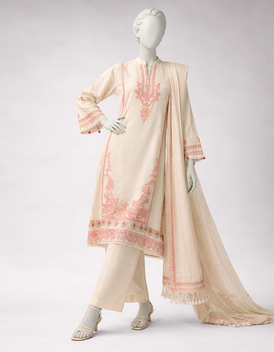 WHITE DOBBY EMBROIDERED UNSTITCHED 3PC