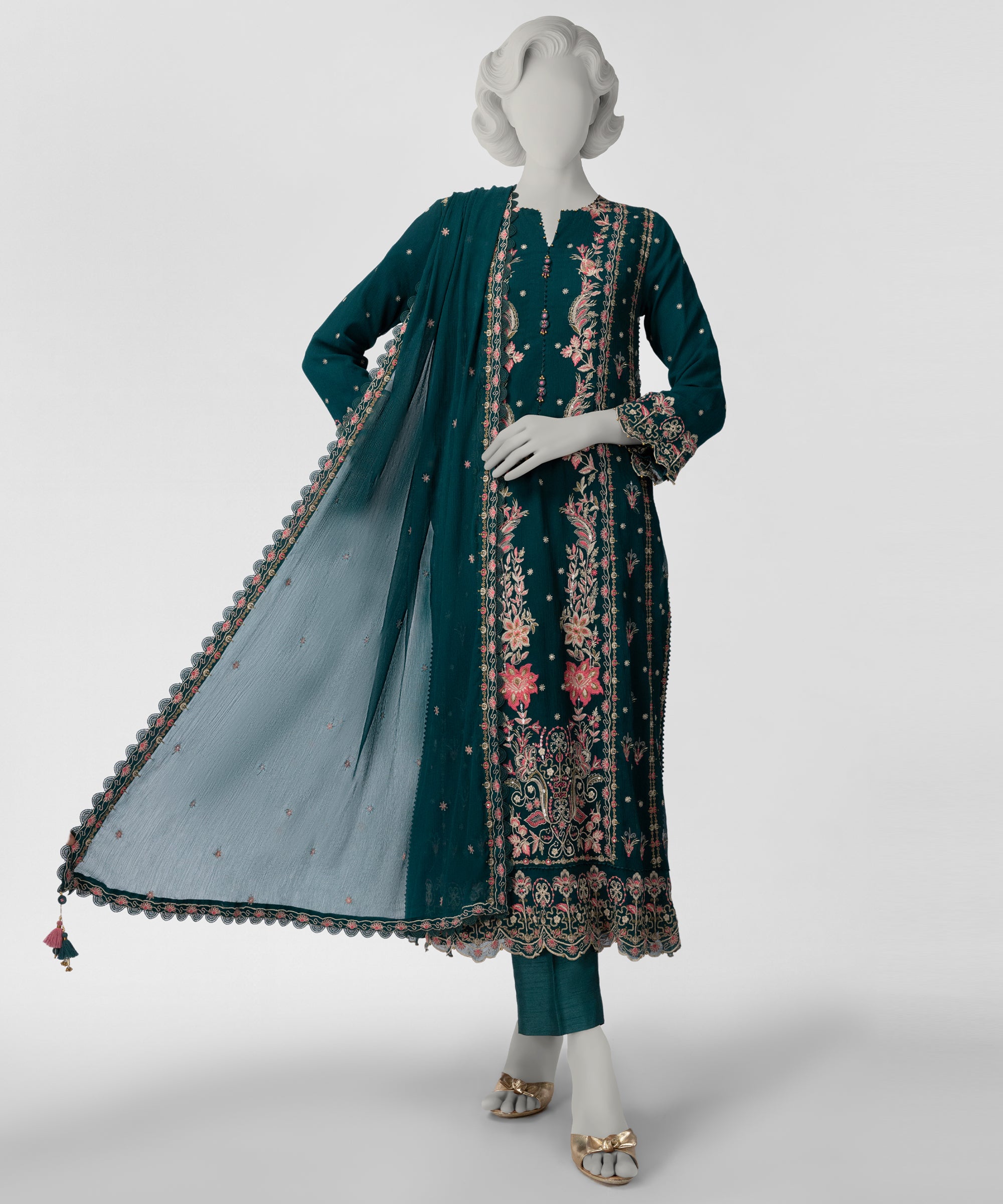 Green Impure Chiffon Embroidered Stitched 3Pc