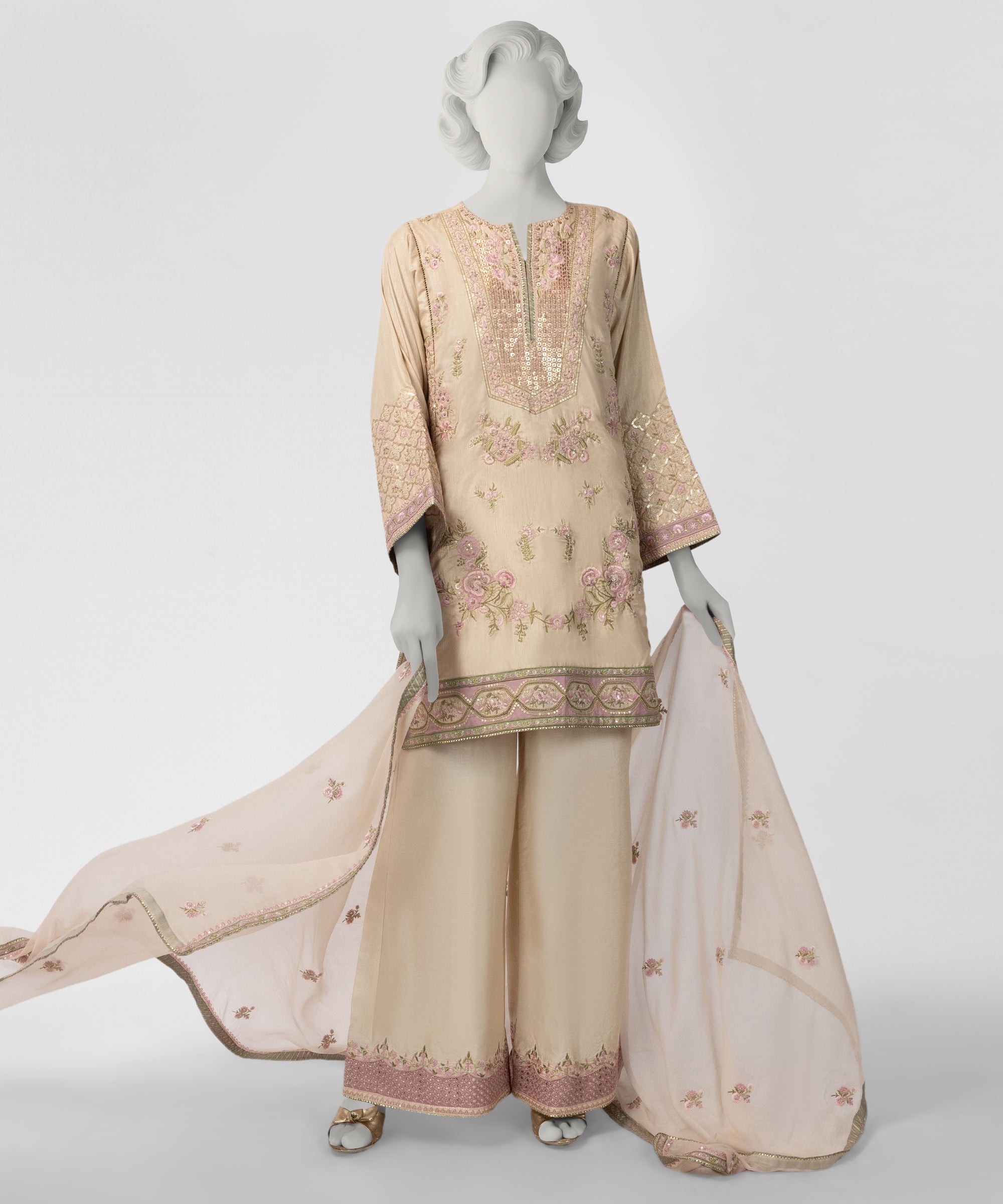 Off White Raw Silk Embroidered Stitched 3Pc