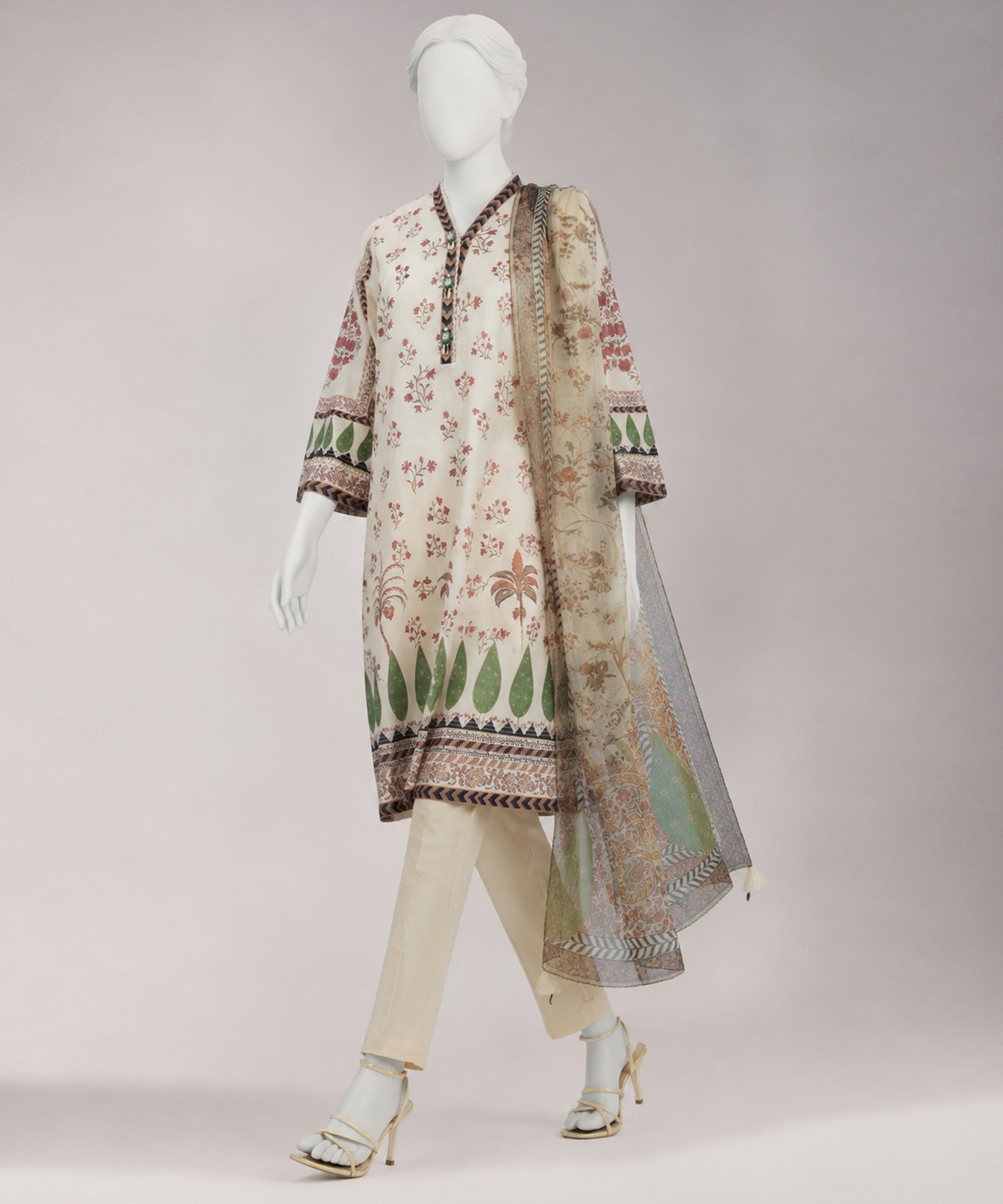 Cream Lawn Digital Printed Unstitched 3Pc