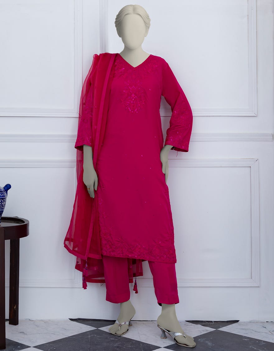 PINK RAW SILK EMBROIDERED STITCHED 3PC