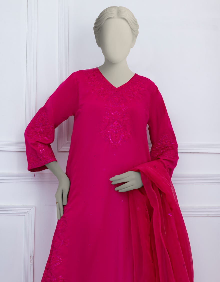 PINK RAW SILK EMBROIDERED STITCHED 3PC